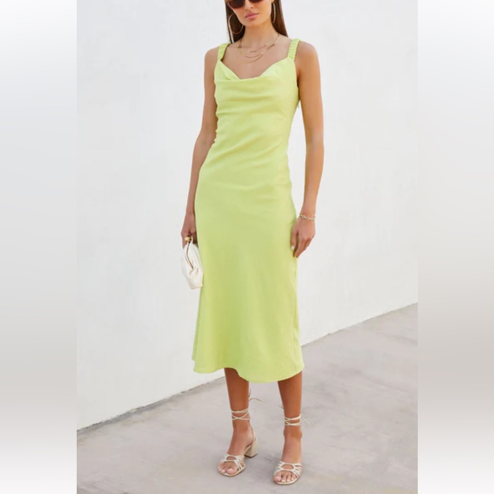Sutton Cowel neck scrunch shoulder strap midi dress.